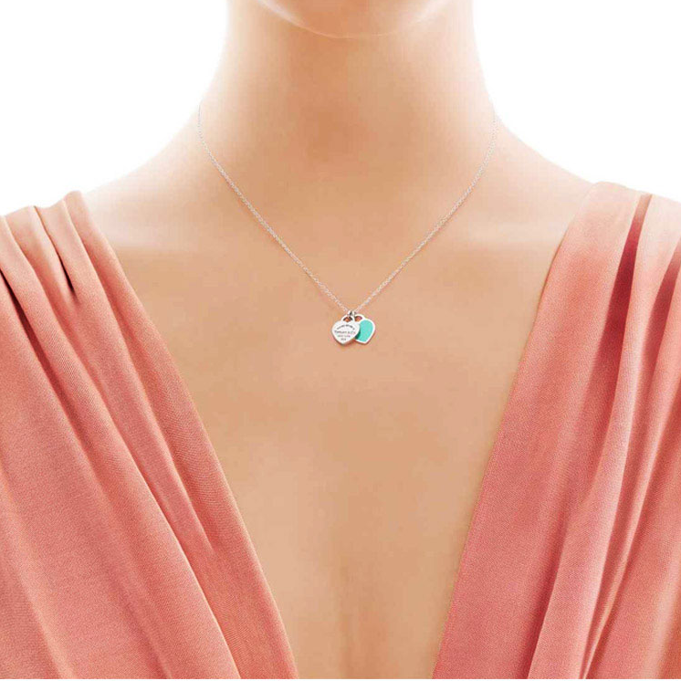 Tiffany & Co./蒂芙尼 女式S925银蓝色珐琅时尚双心珐琅项链 16英寸 TBDZ0079