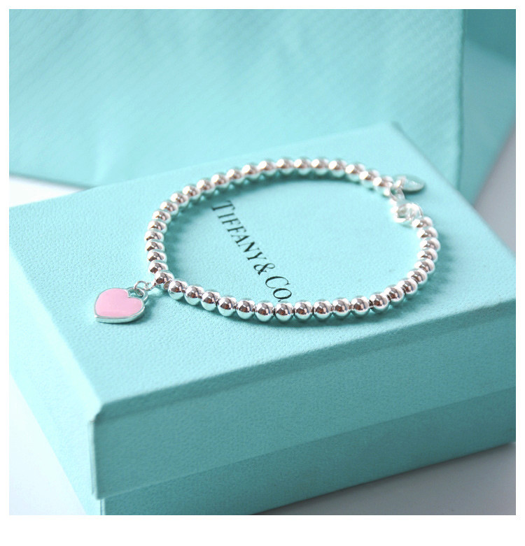 Tiffany & Co./蒂芙尼 女士纯银樱花粉心形小珠Bead珐琅手链 30978811