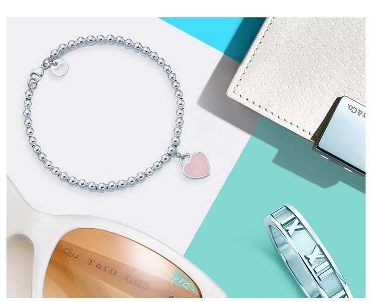 Tiffany & Co./蒂芙尼 女士纯银樱花粉心形小珠Bead珐琅手链 30978811