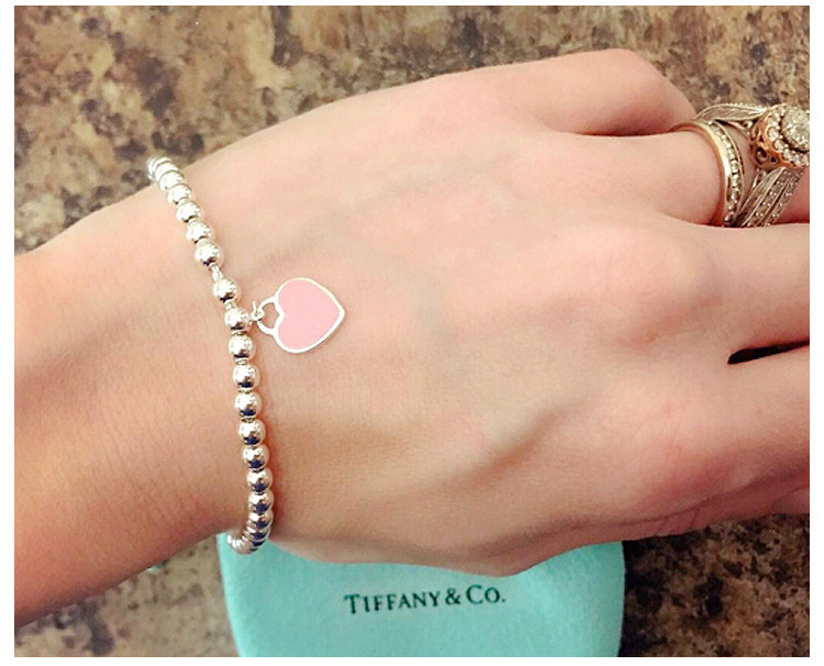 Tiffany & Co./蒂芙尼 女士纯银樱花粉心形小珠Bead珐琅手链 30978811