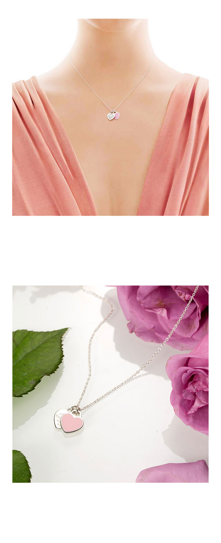 Tiffany & Co./蒂芙尼 Return to Tiffany™系列 女式S925银粉色时尚双心珐琅项链 16英寸 TBDZ0079