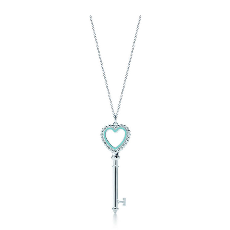 Tiffany & Co./蒂芙尼 Keys系列 Heart key蓝色珐琅桃心钥匙吊坠项链 TGRP04519