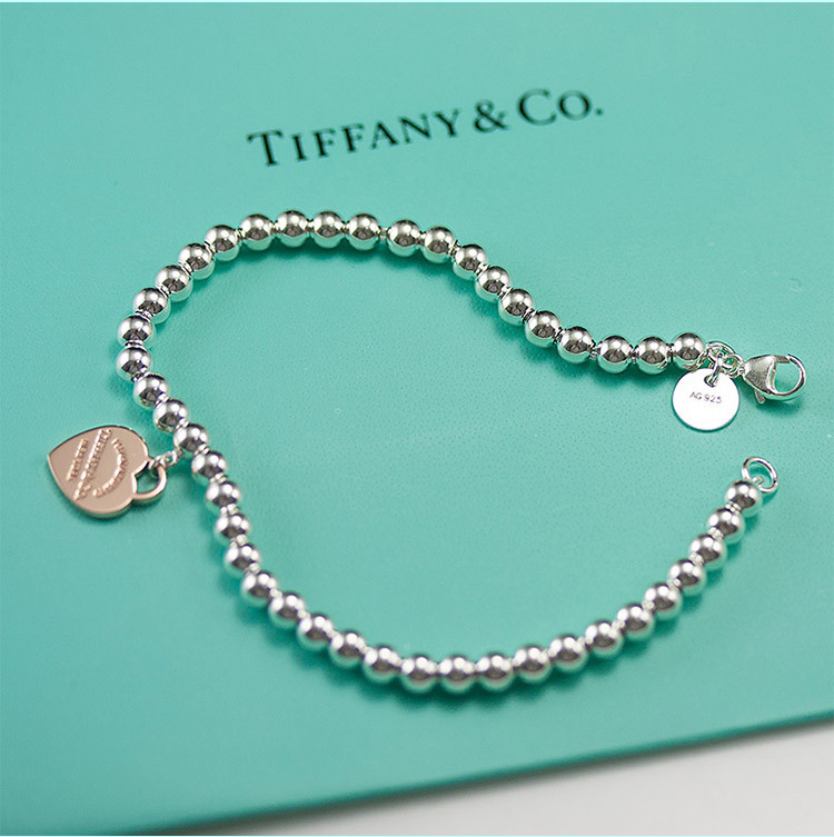 Tiffany & Co./蒂芙尼 女式S925银银色心形小珠Bead珐琅手链 7英寸 TGRP02587