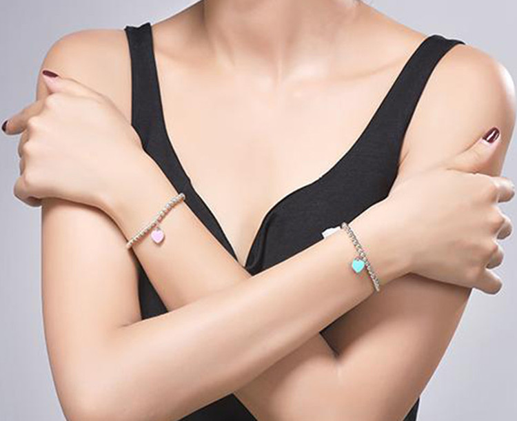 Tiffany & Co./蒂芙尼 女式S925银银色心形小珠Bead珐琅手链 7英寸 TGRP02587