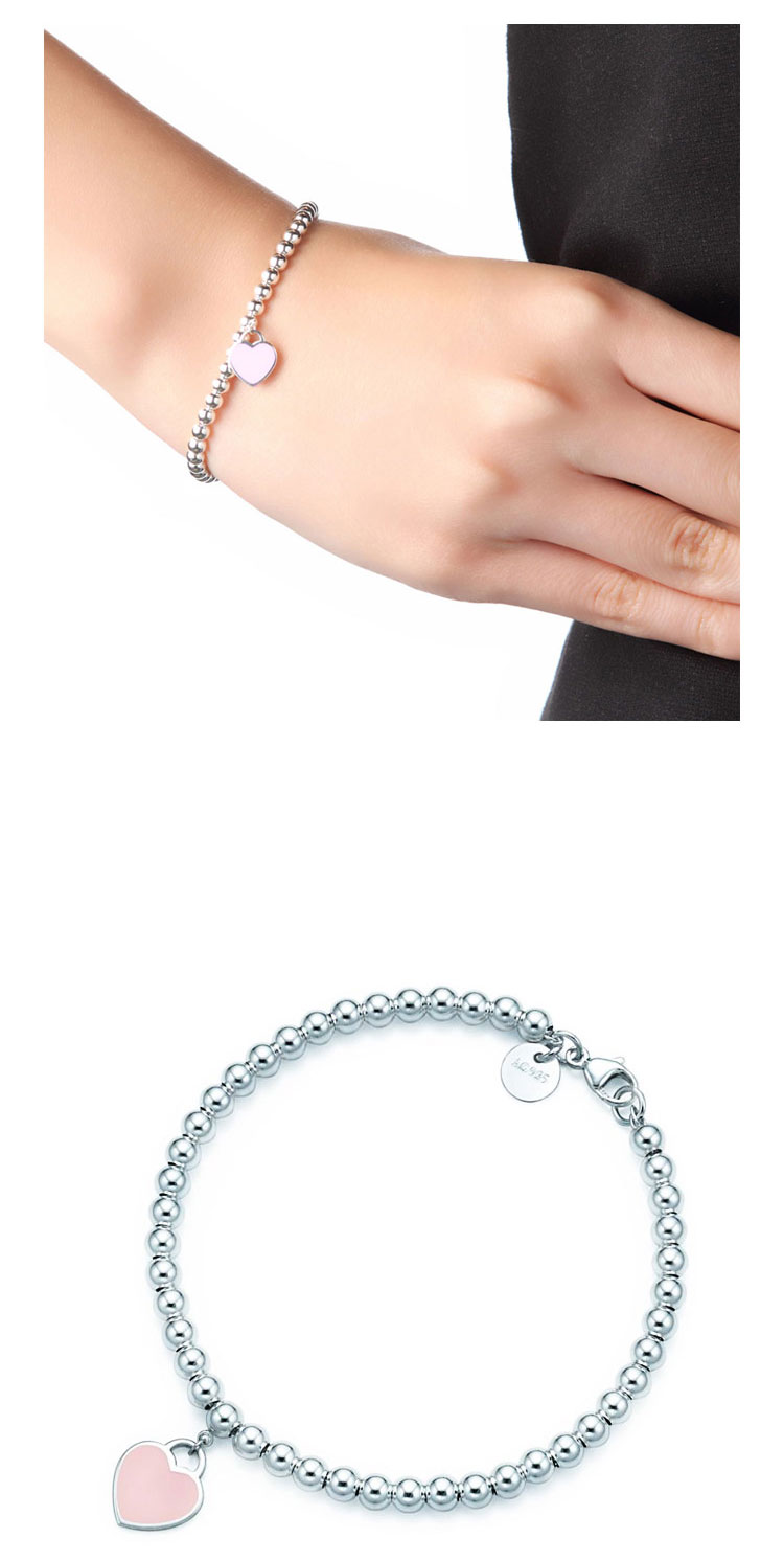 Tiffany & Co./蒂芙尼 Return to Tiffany™系列 女式S925银粉色心形小珠Bead珐琅手链 6.5英寸 TGRP03577