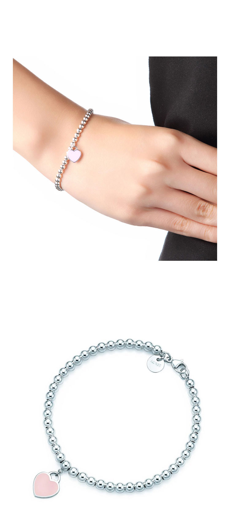 Tiffany & Co./蒂芙尼 女式纯银粉色心形小珠Bead珐琅手链 7.5英寸 TGRP03577