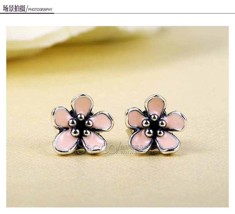 PANDORA/潘多拉 925银 粉色珐琅樱花耳钉290537EN40