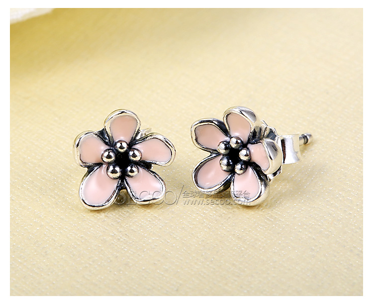 PANDORA/潘多拉 925银 粉色珐琅樱花耳钉290537EN40