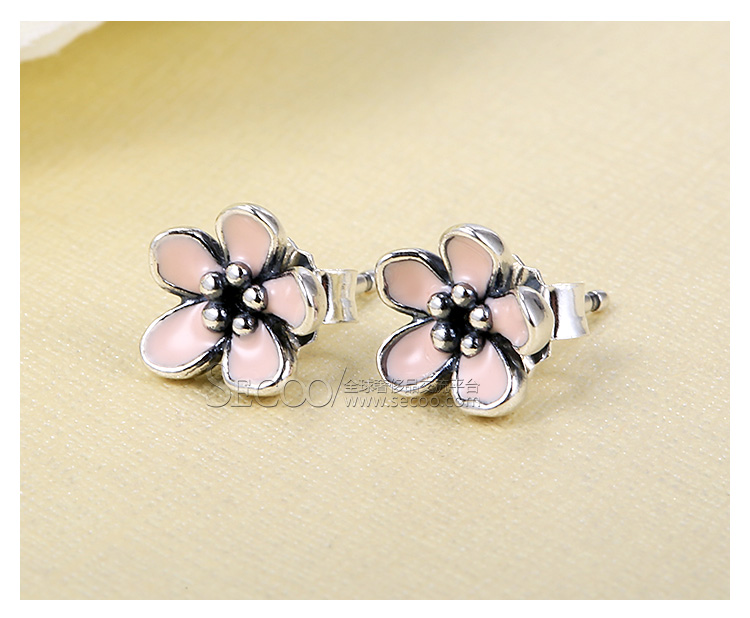 PANDORA/潘多拉 925银 粉色珐琅樱花耳钉290537EN40