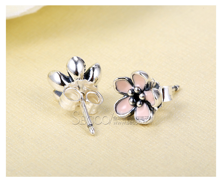 PANDORA/潘多拉 925银 粉色珐琅樱花耳钉290537EN40