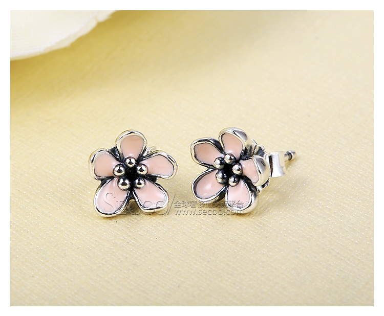 PANDORA/潘多拉 925银 粉色珐琅樱花耳钉290537EN40