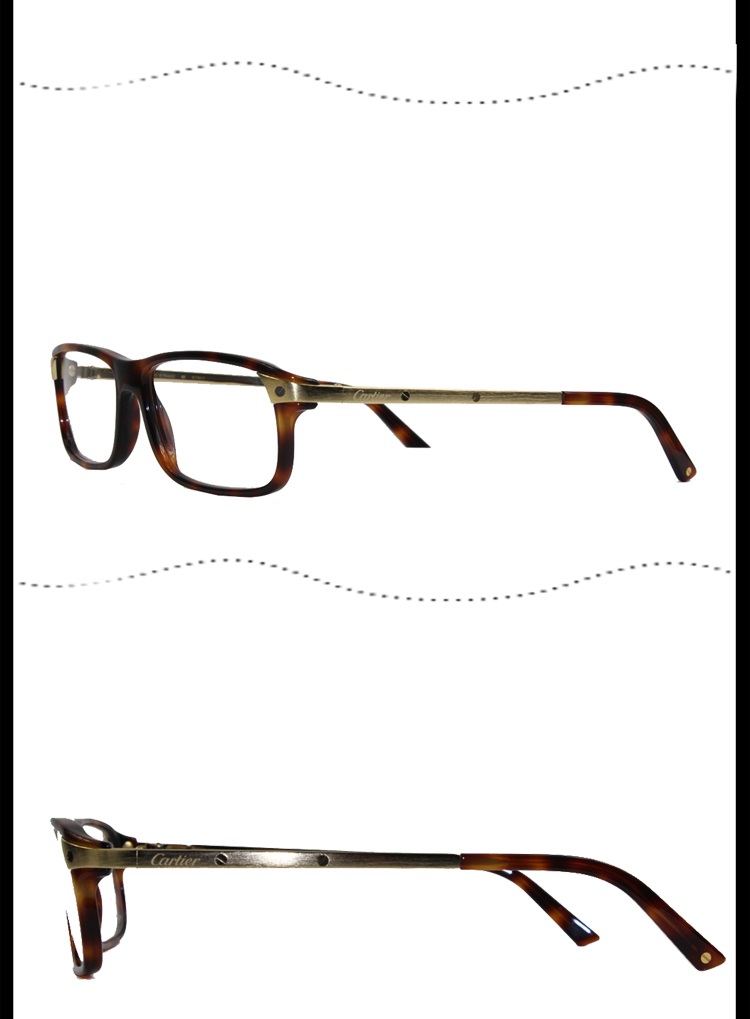【2018新品】CARTIER/卡地亚 香槟色拉丝镀金饰面棕色PVD镀膜抛光镀金螺丝棕色玳瑁效果醋酸酯脚套活动铰链男女款眼镜CT0073OA 002