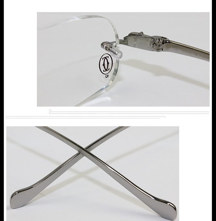 CARTIER/卡地亚无框经典豹子头系列PVD镀铂金拉丝磨砂银色男款光学镜架