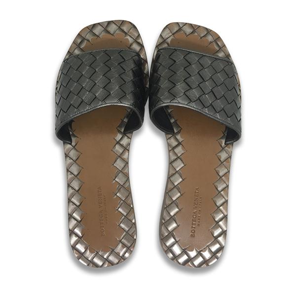 Bottega Veneta/葆蝶家 牛皮 编织款 女士银灰色凉拖